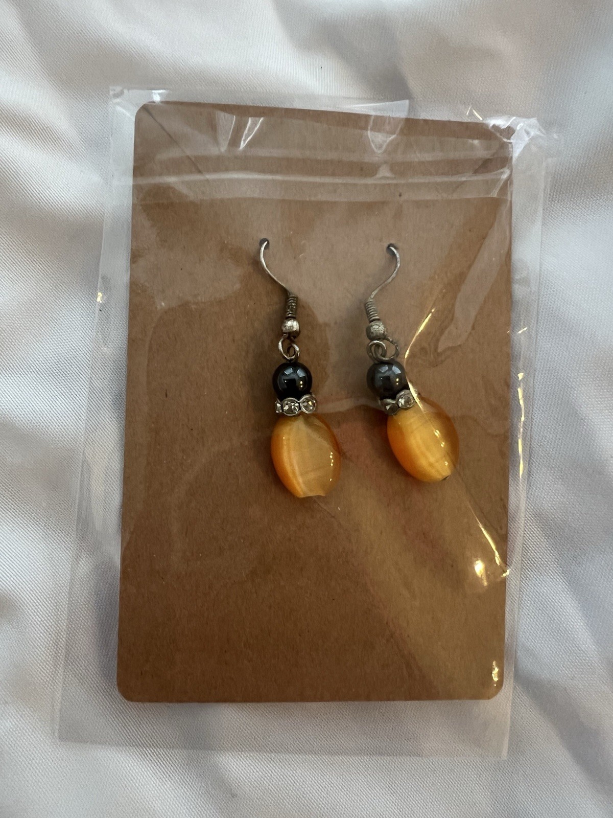 Handcrafted Orange Black Silver Beaded Dangle Drop Earrings Metal Hook
