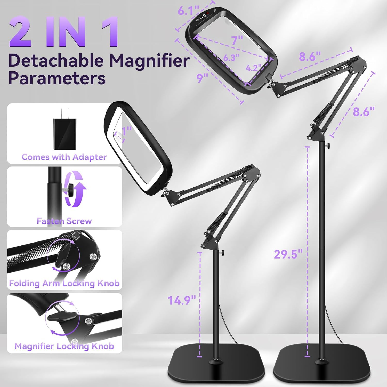 30X 10X Extra Large Floor Magnifying Glass with Light and Stand,7-Inch Adjustabl