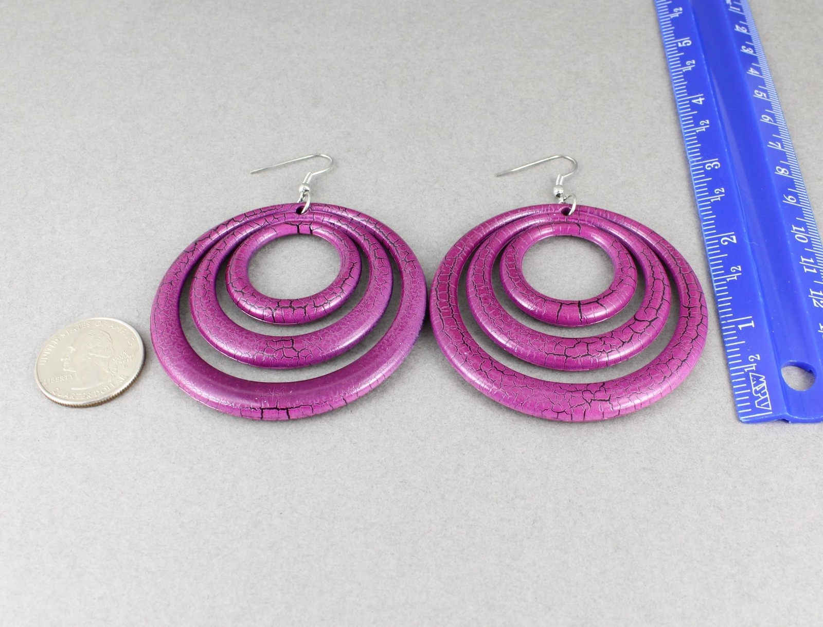Purple Black earrings lightweight dangle round circle plastic disc 3.25″ long