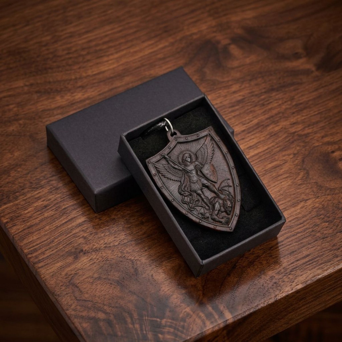 St Michael Shield Necklace – Handcrafted Ebony Wood Archangel Michael Pendant