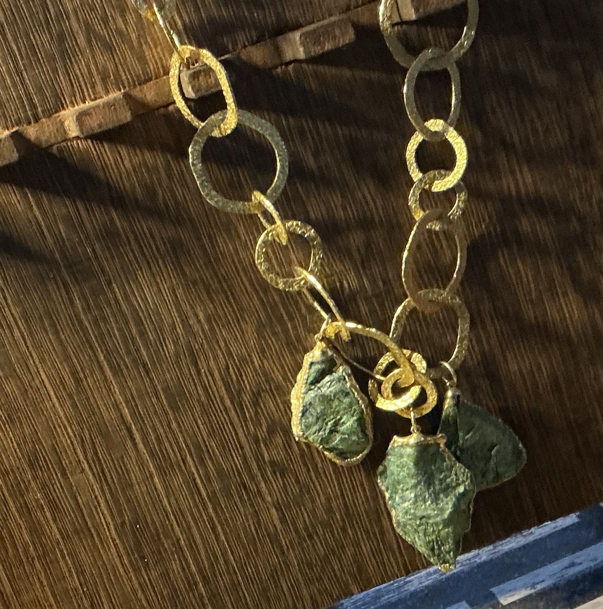 Gold Tone Oval Link Chain Statement Necklace Green Charm Drop Pendant