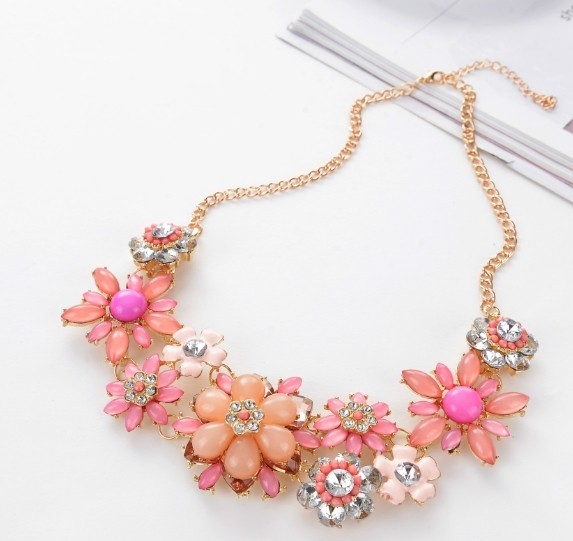 Statement Flower Collar Necklace with Gold and Pink Gemstone Beads Jewelry