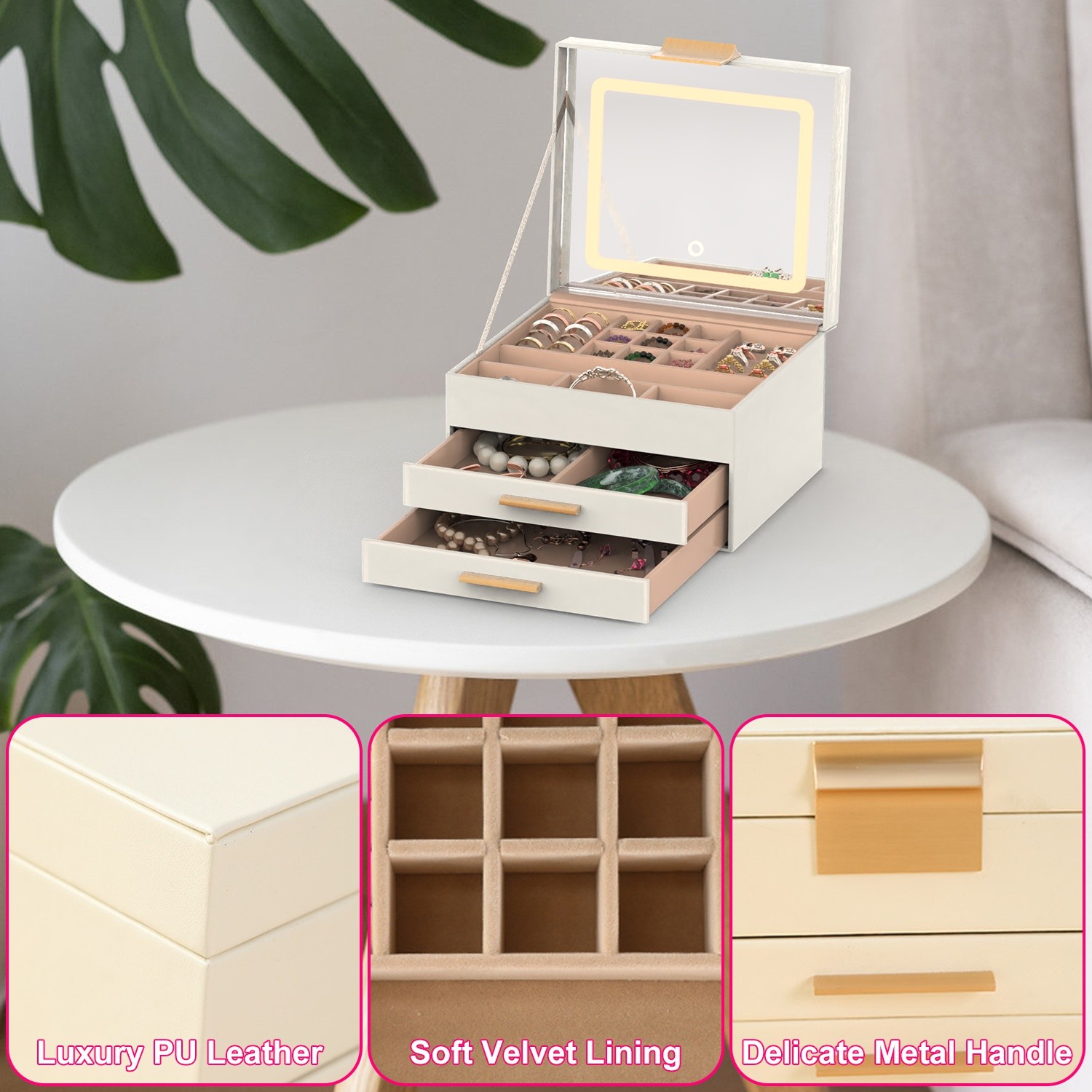 3‑Layer Jewelry Box with LED Mirror – PU Leather Organizer with Drawers for Ring