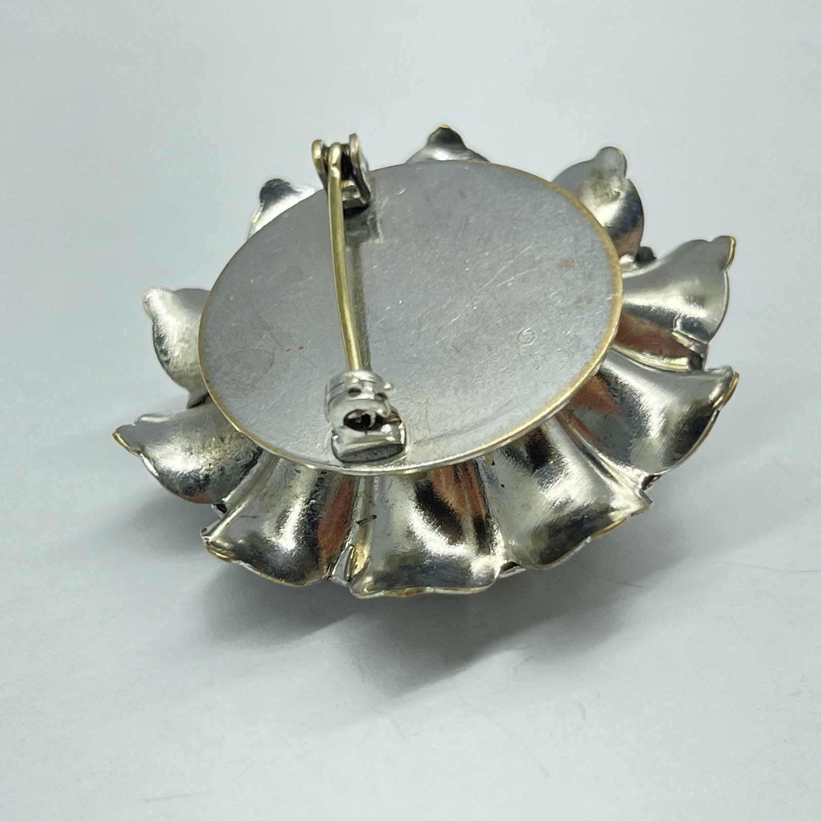 Brooch Silver Tone Flower Layered Petals Rhinestone Center No Mark -Flaw