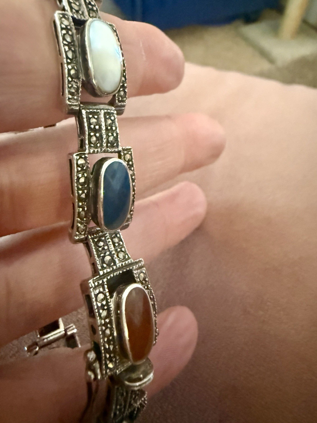 925 Sterling Silver Multi Gemstone Marcasite Art Deco Style Link Bracelet 7.5”