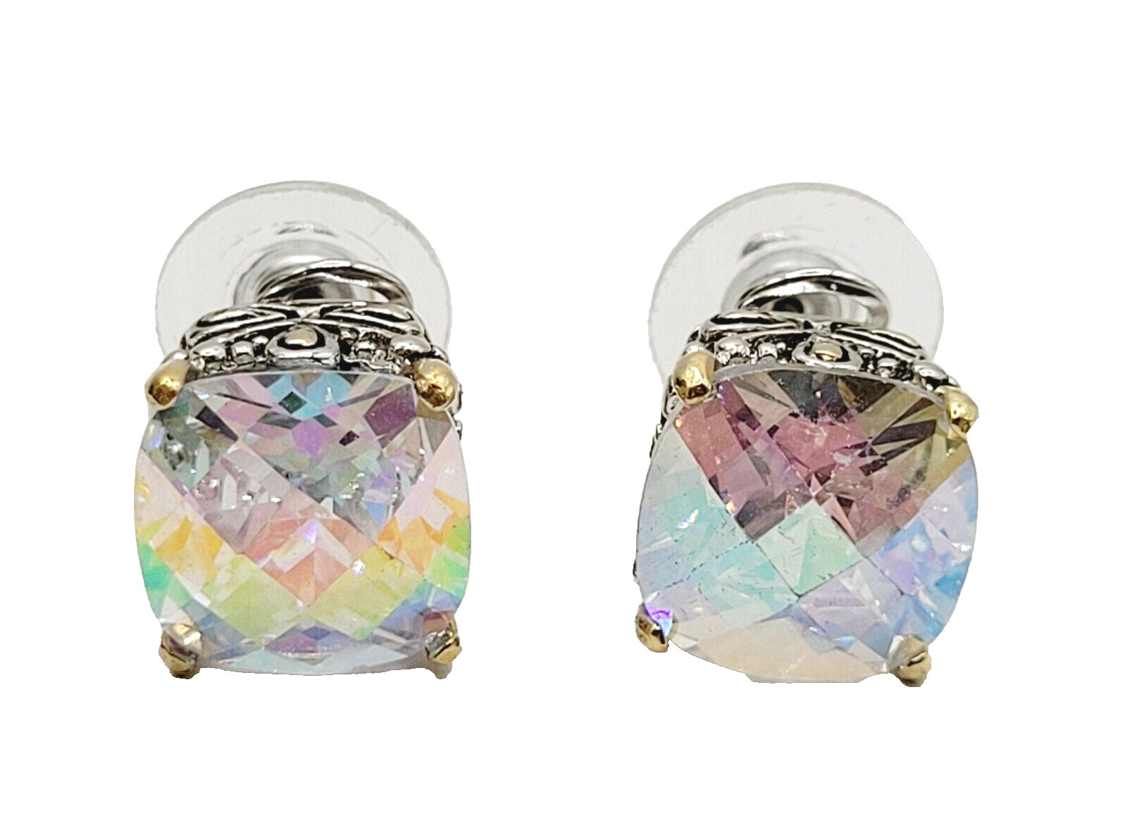 Modern Rainbow AB Crystal Square Stud Two Tone Ornate Frame Pierced Earrings