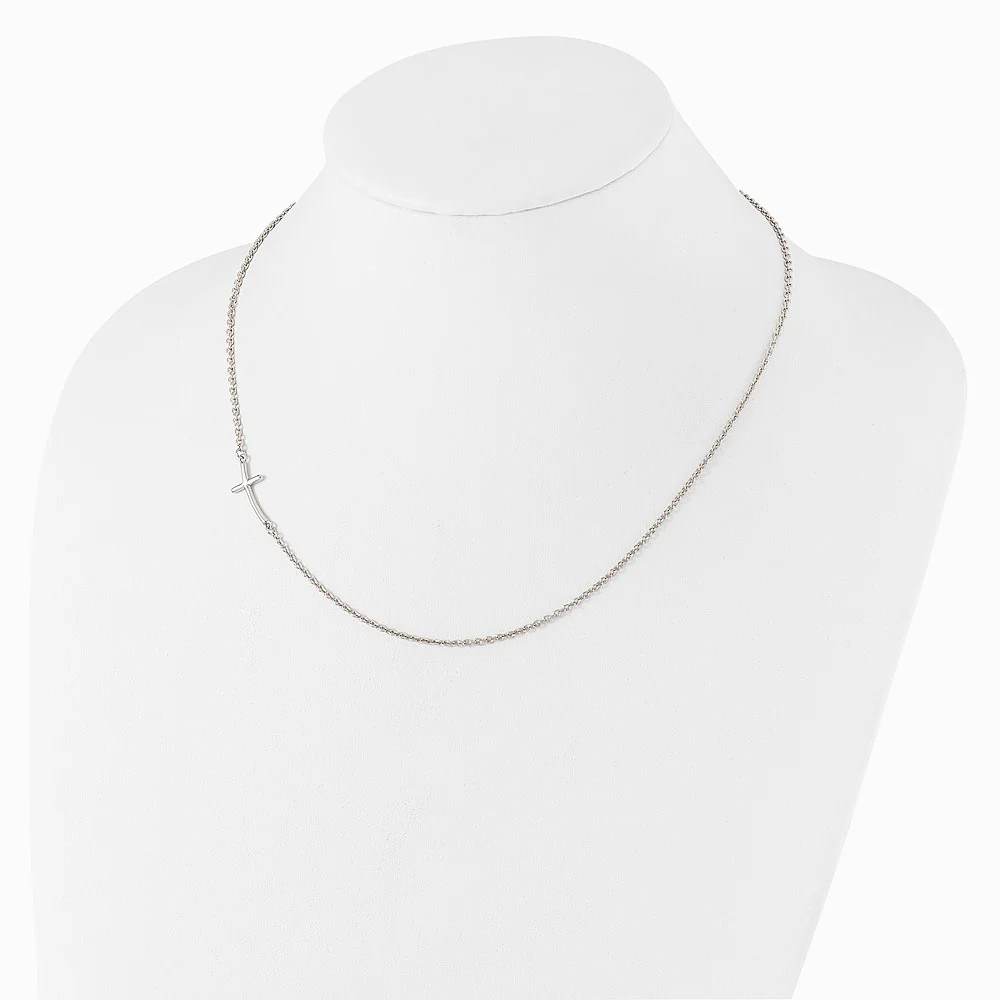 Sterling Silver Rh-Plated Small Off-Set Sideways Curved Cross Necklace