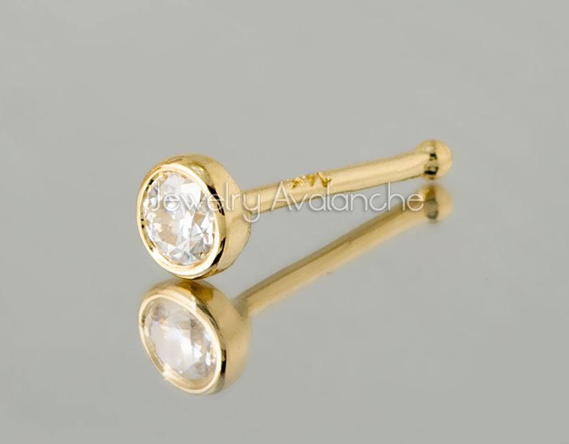 Solid 14kt White / Yellow Gold 22G Nose Bone Stud with Bezel Set Moissanite