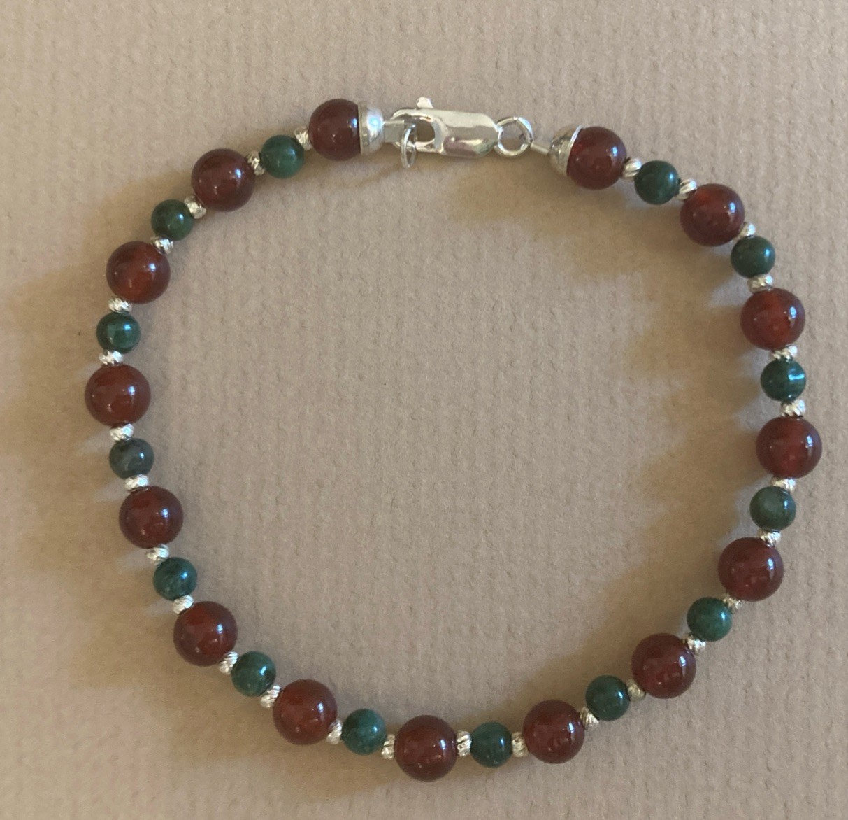 Vintage Carnelian & Jade Beaded Bracelet Sterling Silver 925 Clasp 7.5” BOHO NEW