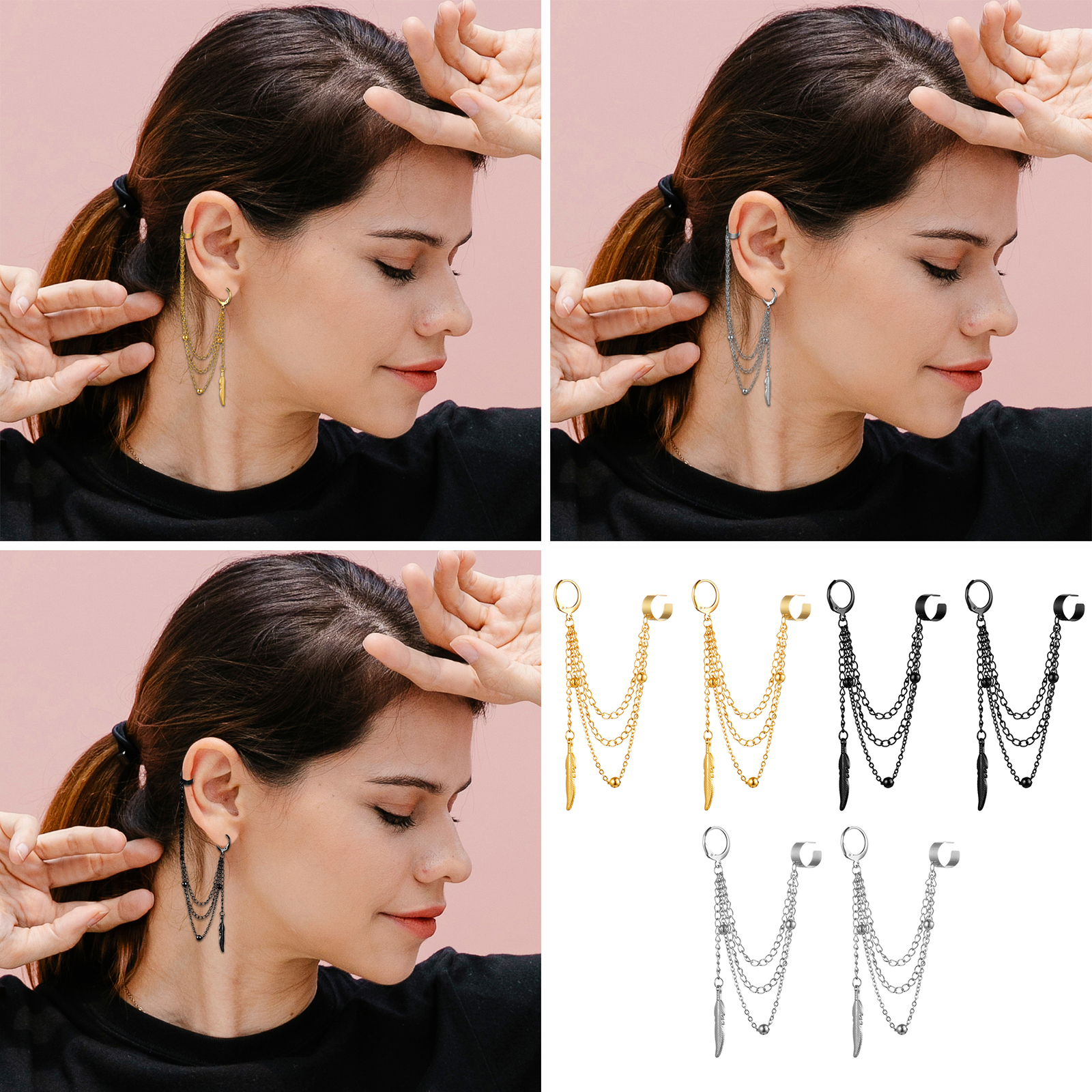 Punk Clip On Stainless Steel Feather Chain Tassel Dangle Ear Cuff Wrap Earrings