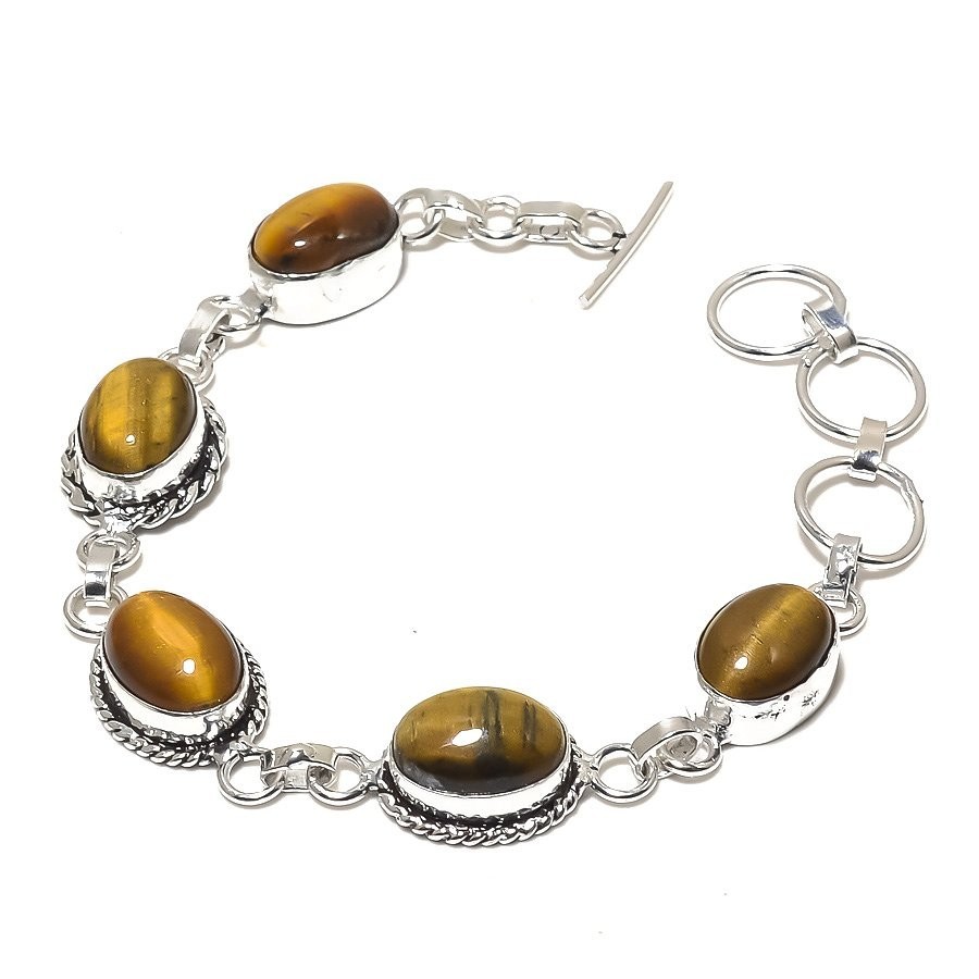 Beautiful Tiger’S Eye Gemstone Chain Bracelet 925 Sterling Silver
