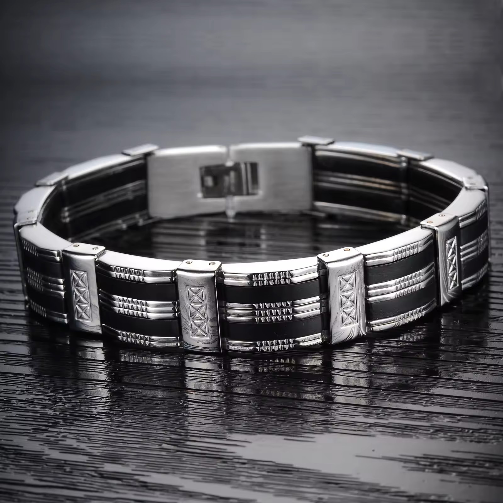 Men’s Black Silver Tone Silicone Rubber Stainless Steel Bracelet Chain Wristband