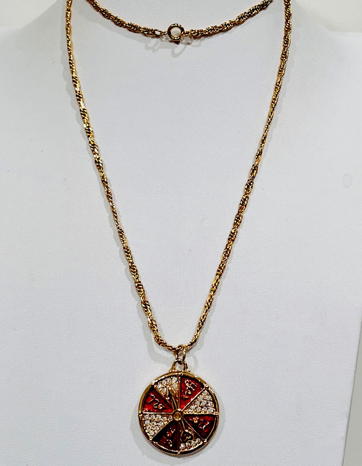 Swarovski Vintage New Gold Plated Enamel 44 Crystal Yes/No Wheel Necklace 30”