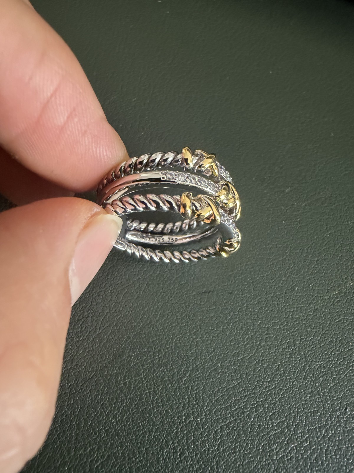 David Yurman Three Row Ring Sterling Silver & 18K Yellow Gold and Diamonds SZ 6
