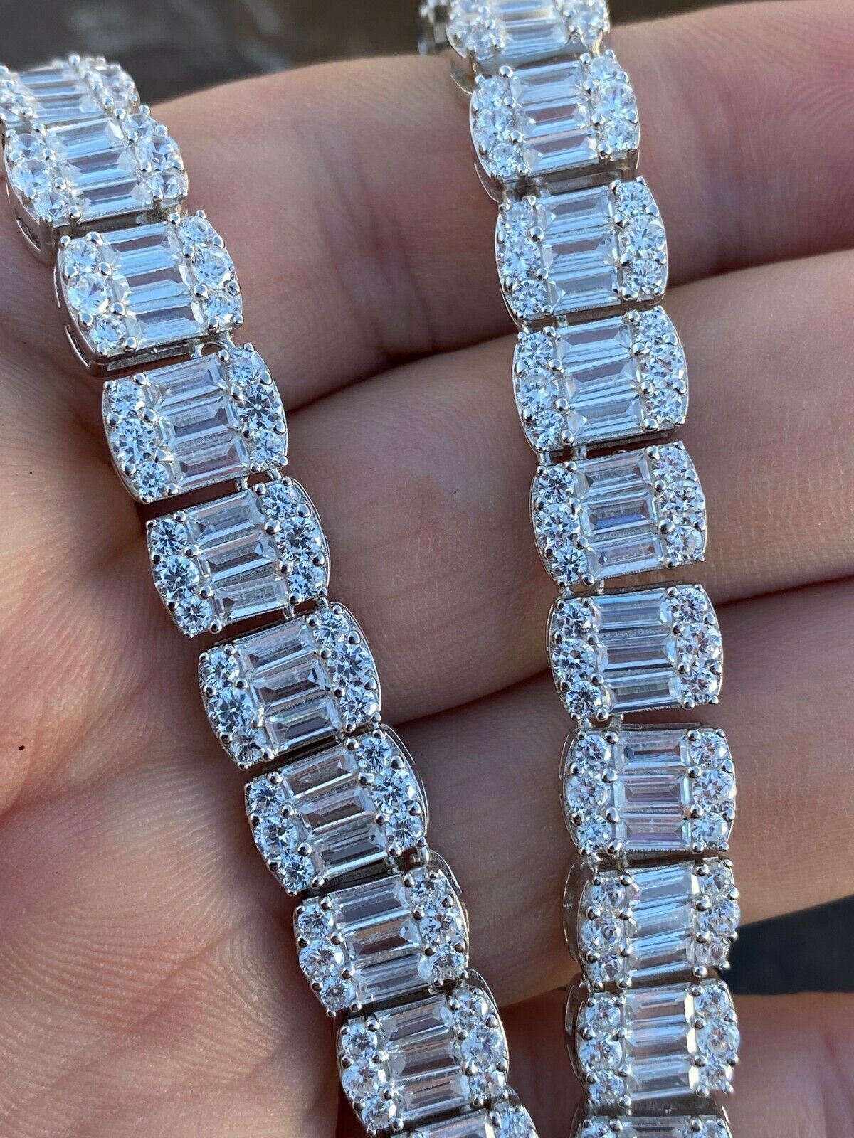 Solid 925 Sterling Silver Baguette Tennis Chain Bracelet Real Iced CZ