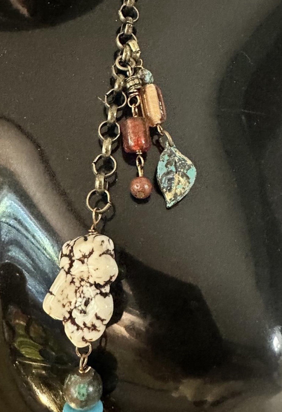 Boho Multicolor Gemstone Beaded Necklace Oval Link Chain Asymmetrical Pendant