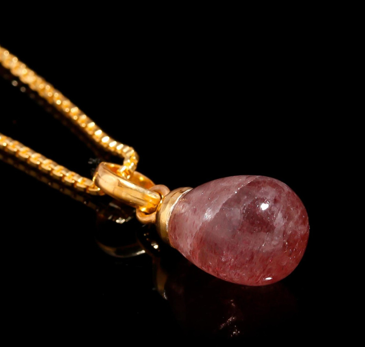 Natural Red Strawberry Quartz Teardrop Chain Pendant 925 Sterling Silver Jewelry