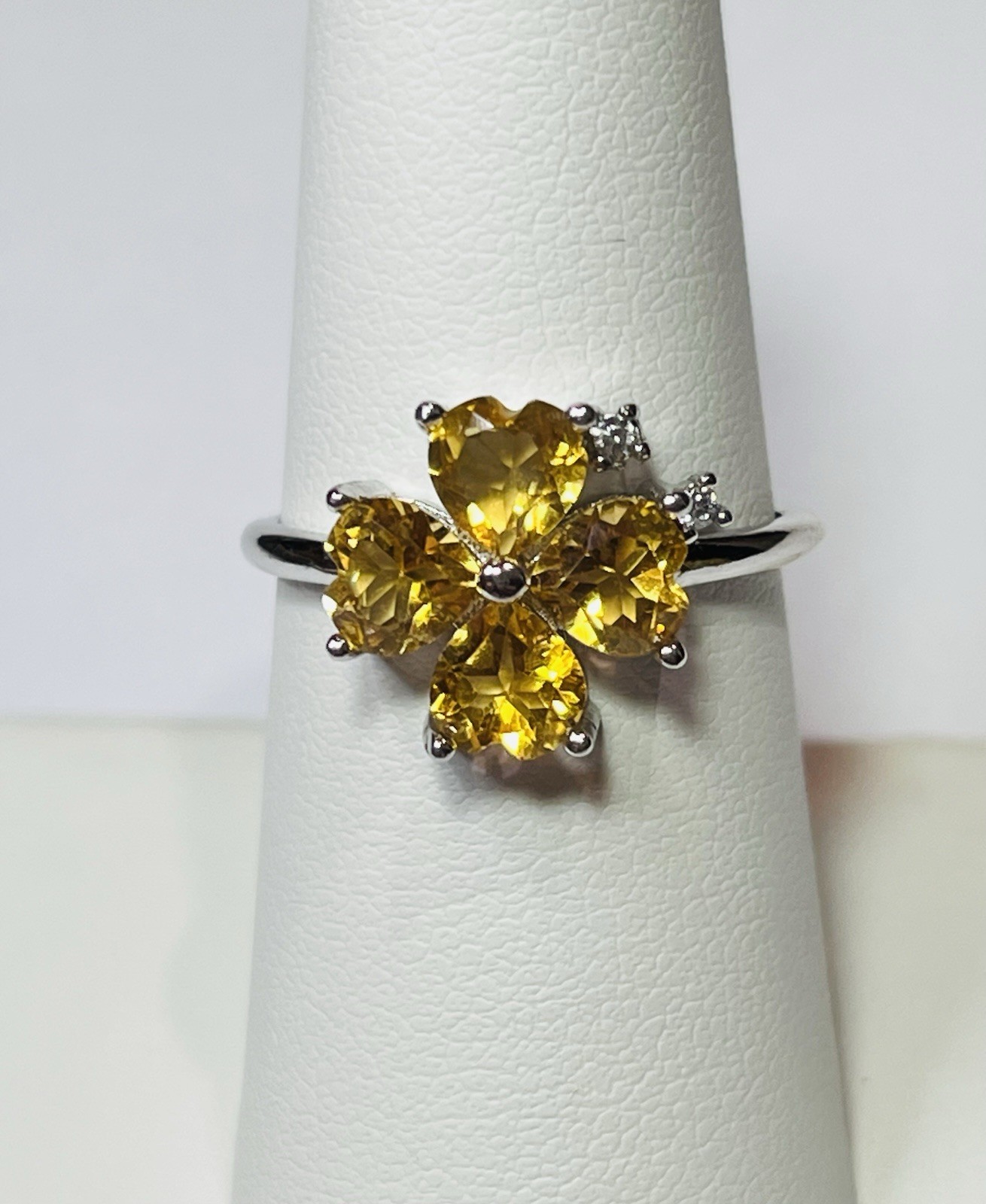 925 Sterling Silver Natural Honey Golden Citrine Heart Clover Ring Certified