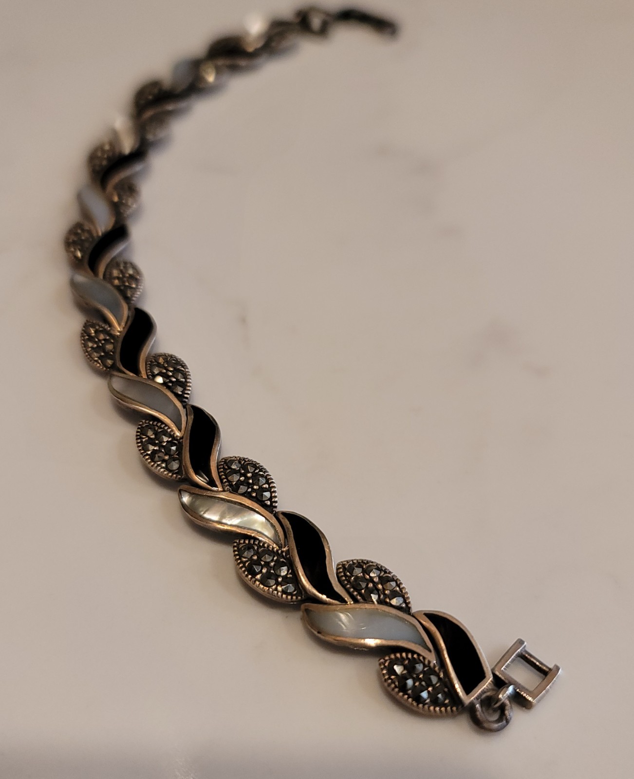 Vintage Stg Silver Art Deco Style Bracelet – Mother of Pearl Onyx Marcasite 21g