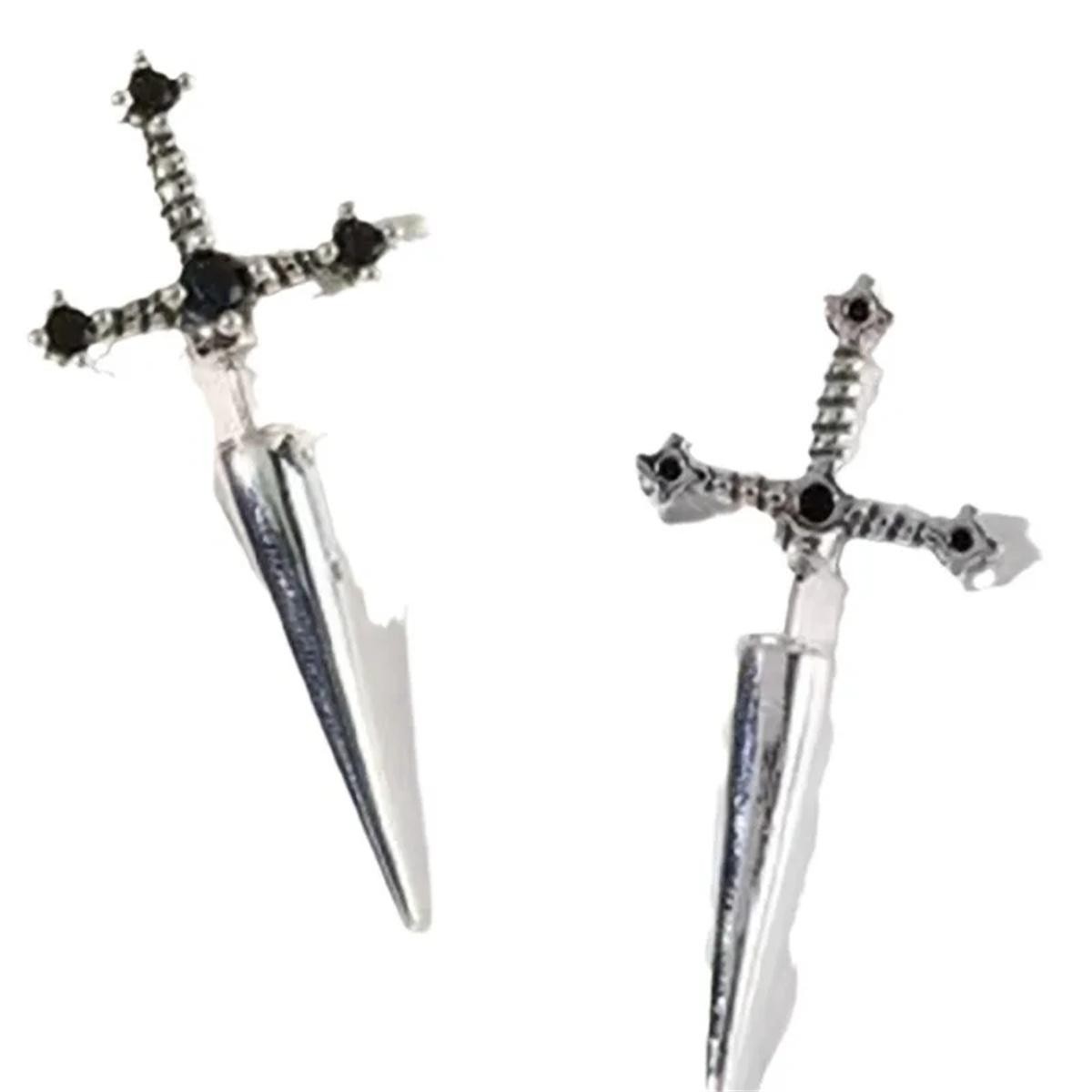 2pcs Gothic Sword Stud Earrings, Vintage Punk Crystal Dagger Ear Piercing Jewelr