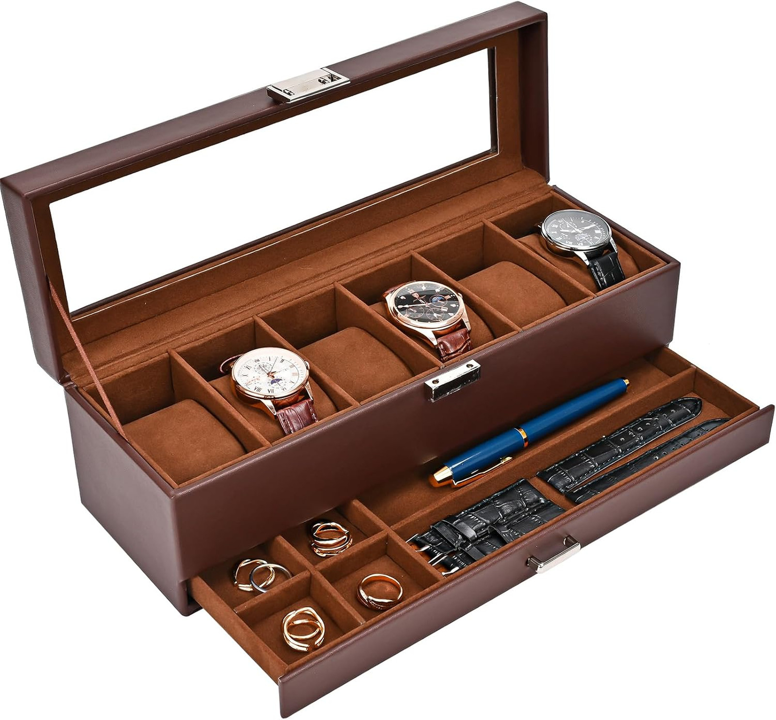 Watch Display Case with Glass Lid, 6 Slot Men’s Watch Organizer, Espresso