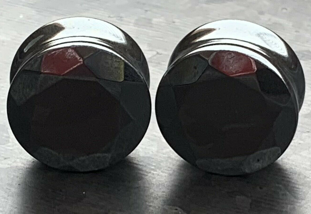 PAIR Faceted Hematite Stone Double Flare Plugs Gauges Body Jewelry