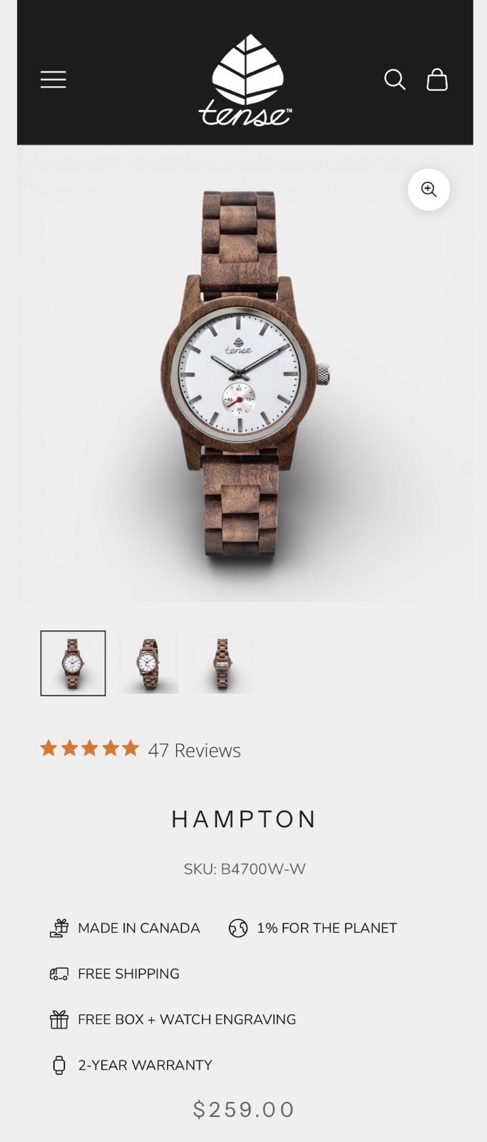 Tense Hampton Wooden Quartz Wristwatch Unisex Brown Band White Dial Analog