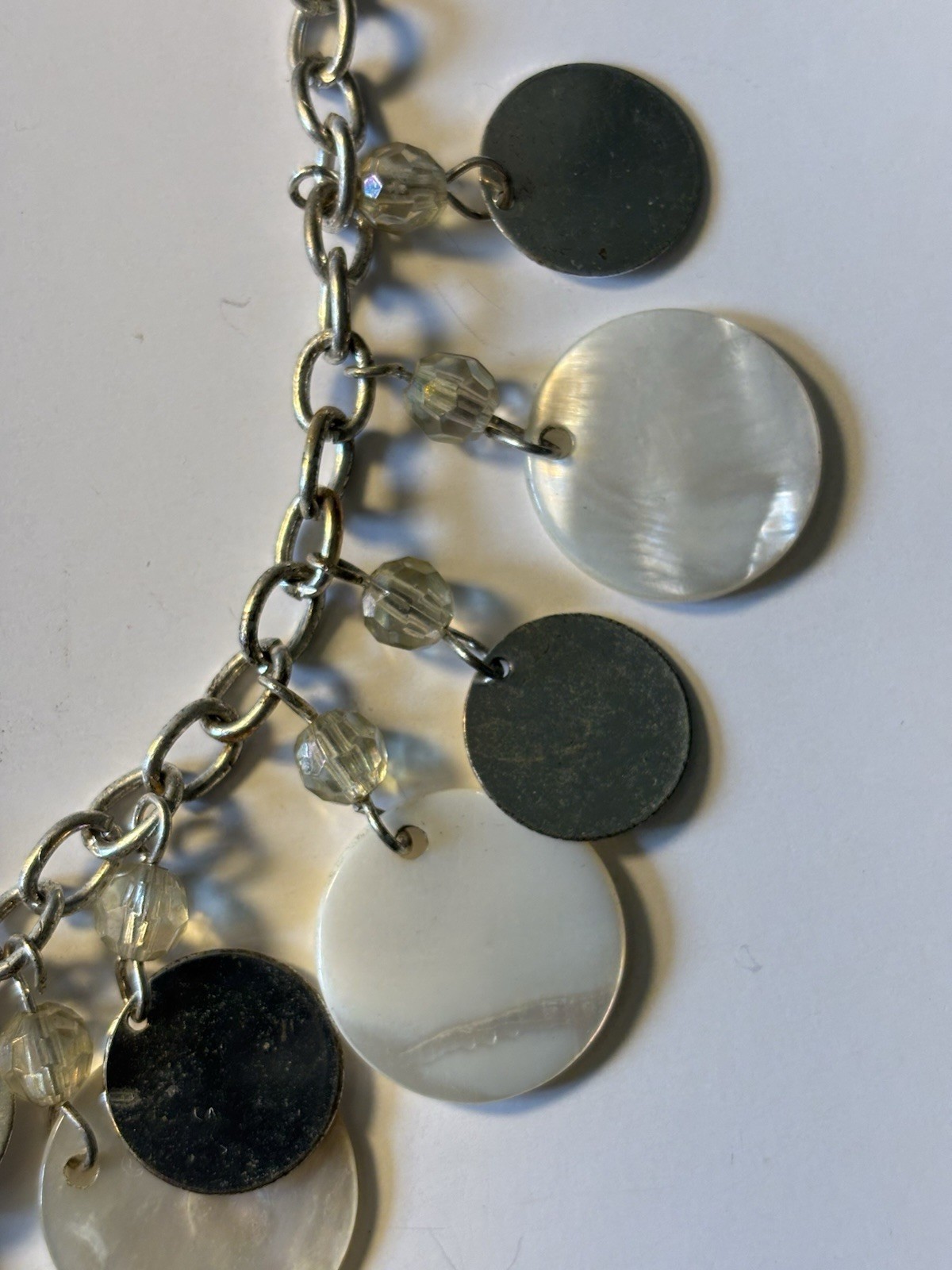 Silver Tone Chain Necklace with Dangling Silver & White Round Disc 16″