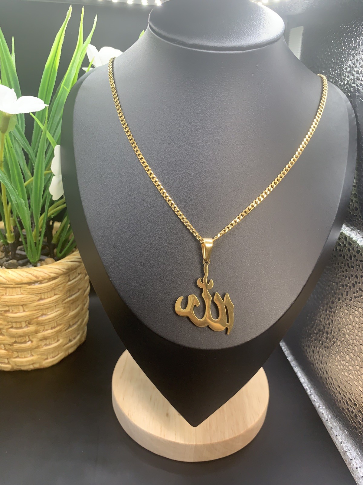 24″MEN Stainless Steel 3mm Gold Mini Cuban Chain Necklace Muslim Allah Pendant