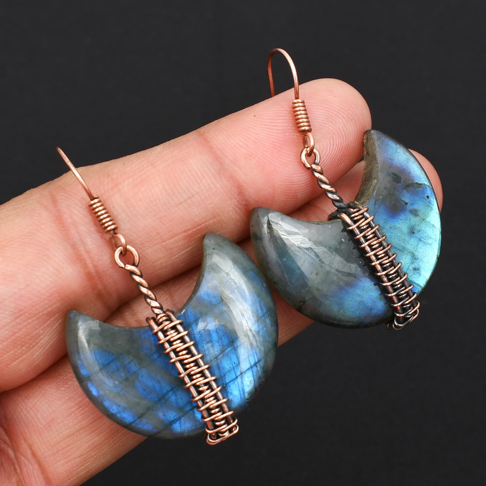 Natural Labradorite Gemstone Copper Wire Wrapped Drop Dangle Earrings For Gift