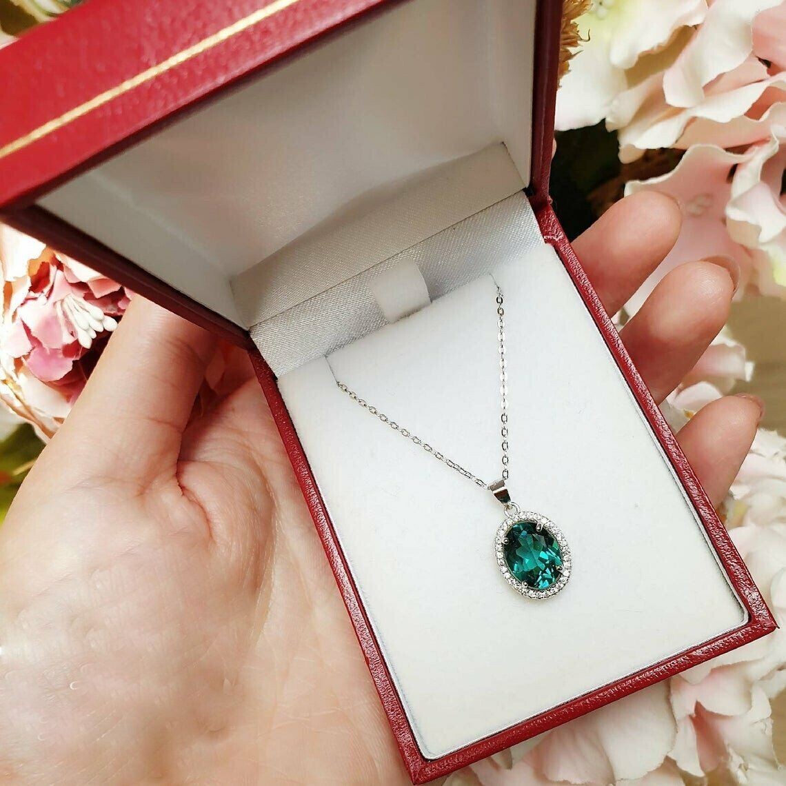 3 ct Halo Oval Cut Green Emerald Halo Pendant With Free Chain 14K White Gold FN
