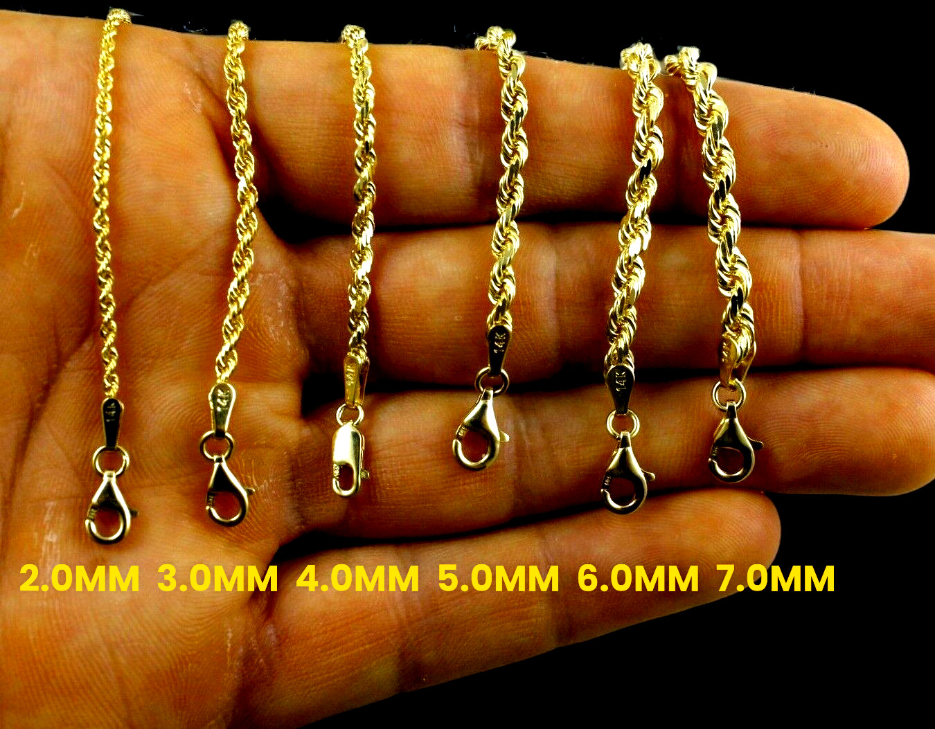 14K Yellow Gold SOLID Rope Chain Bracelet Diamond Cut Real Gold 1mm-12mm 7″-9″