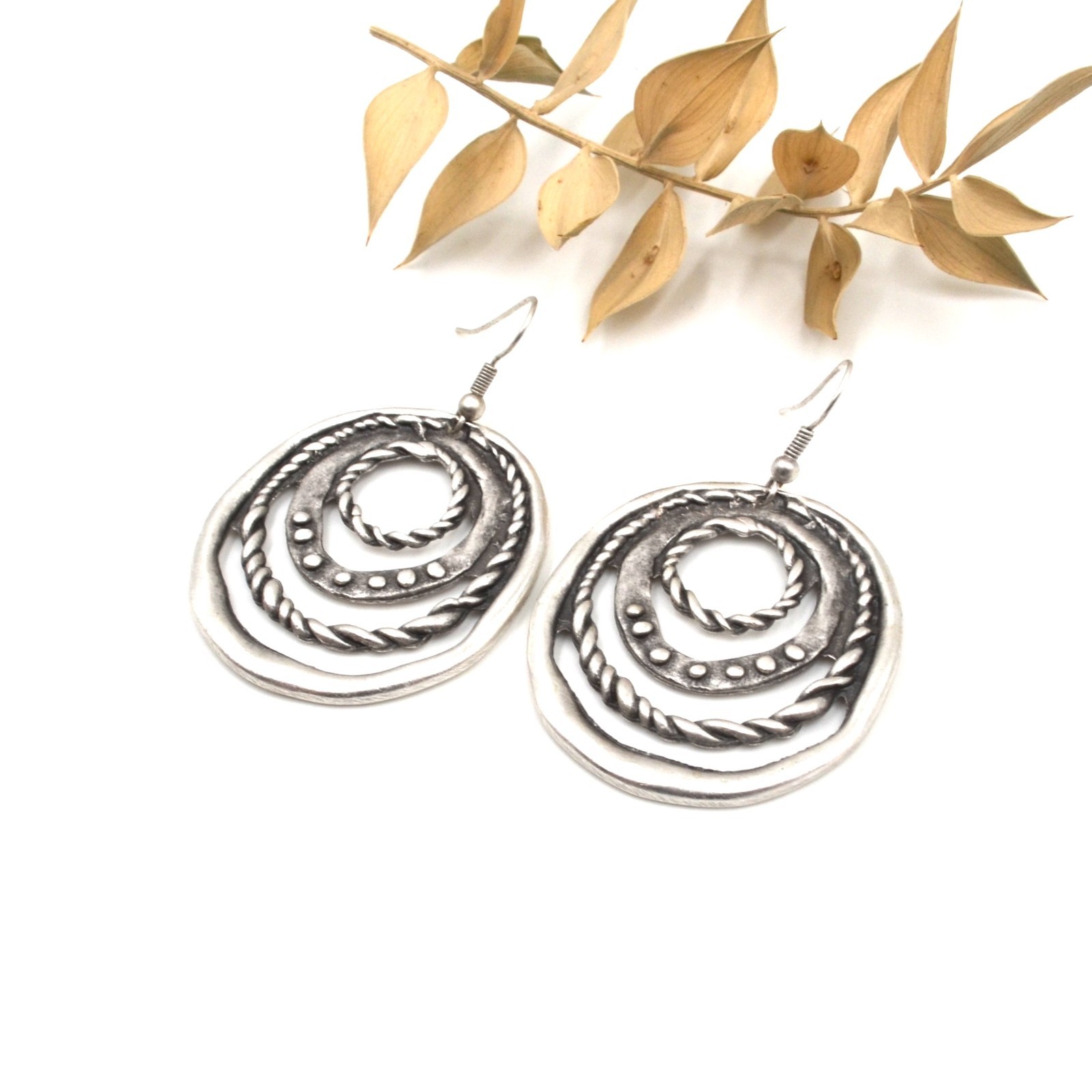 Ancient Silver Labyrinth Hoop Dangle Earrings Boho Tribal Concentric Circles