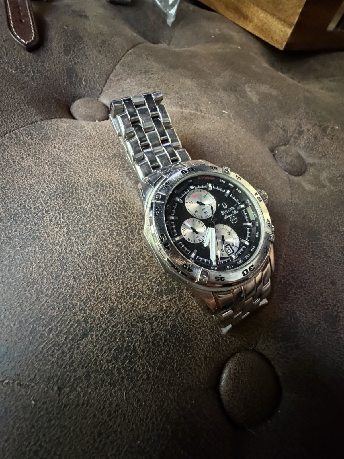 Bulova Marine Star Chronograph Quartz Watch — Black Dial, 100m, Steel, 44-47mm