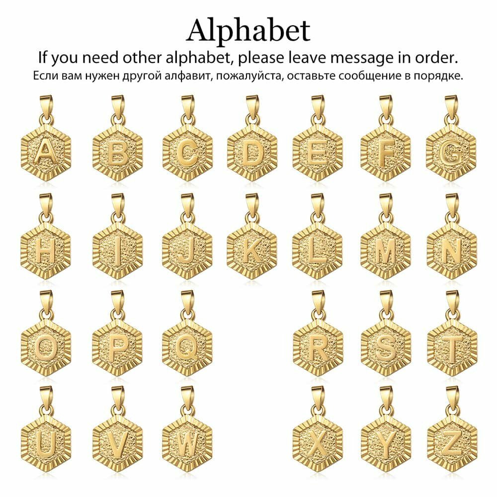 Hexagon A-Z Gold Plated 14k Initial Letter Pendant Necklace Unisex Mens Womens
