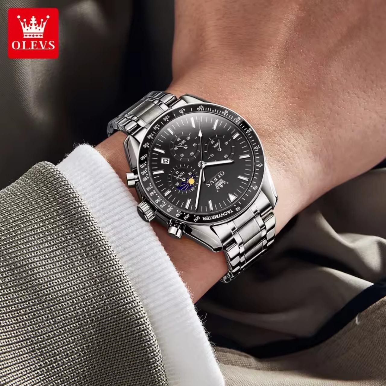 Men’s OLEVS Chronograph Watch – Moon Phase, Tachymeter Bezel, Stainless Steel