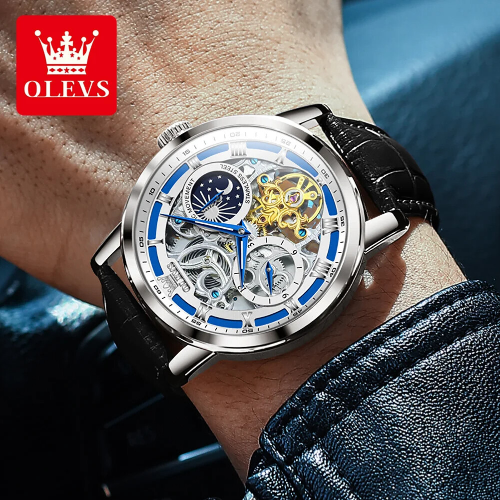 OLEVS Skeleton Self-Wind Automatic Mechanical Men’s Watch Leather Moon Phase