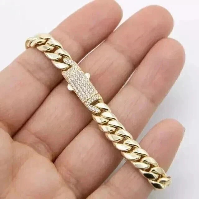 1CT Round Cut VVS1 Moissanite Men’s Cuban Link Bracelet 14k Yellow Gold Plated.
