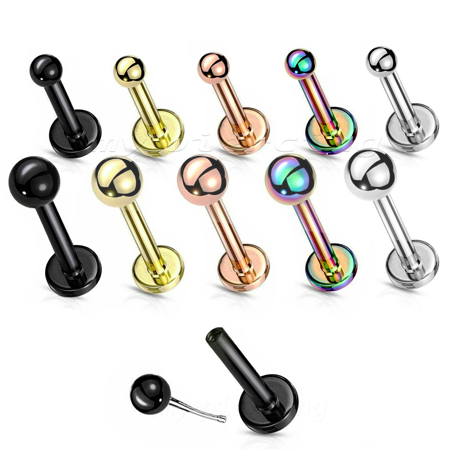 5pcs. Push In Ball PVD Steel Labret Monroe Lip Ring Helix Ear Cartilage 20G 18G