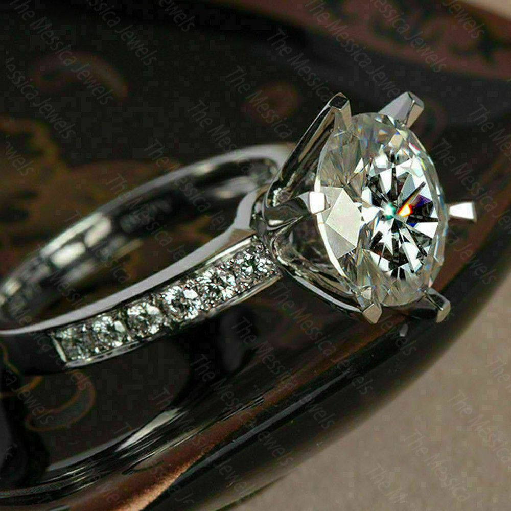 3.0 TCW Round Cut Moissanite Six Prong Engagement Ring In 14k White Gold Plated