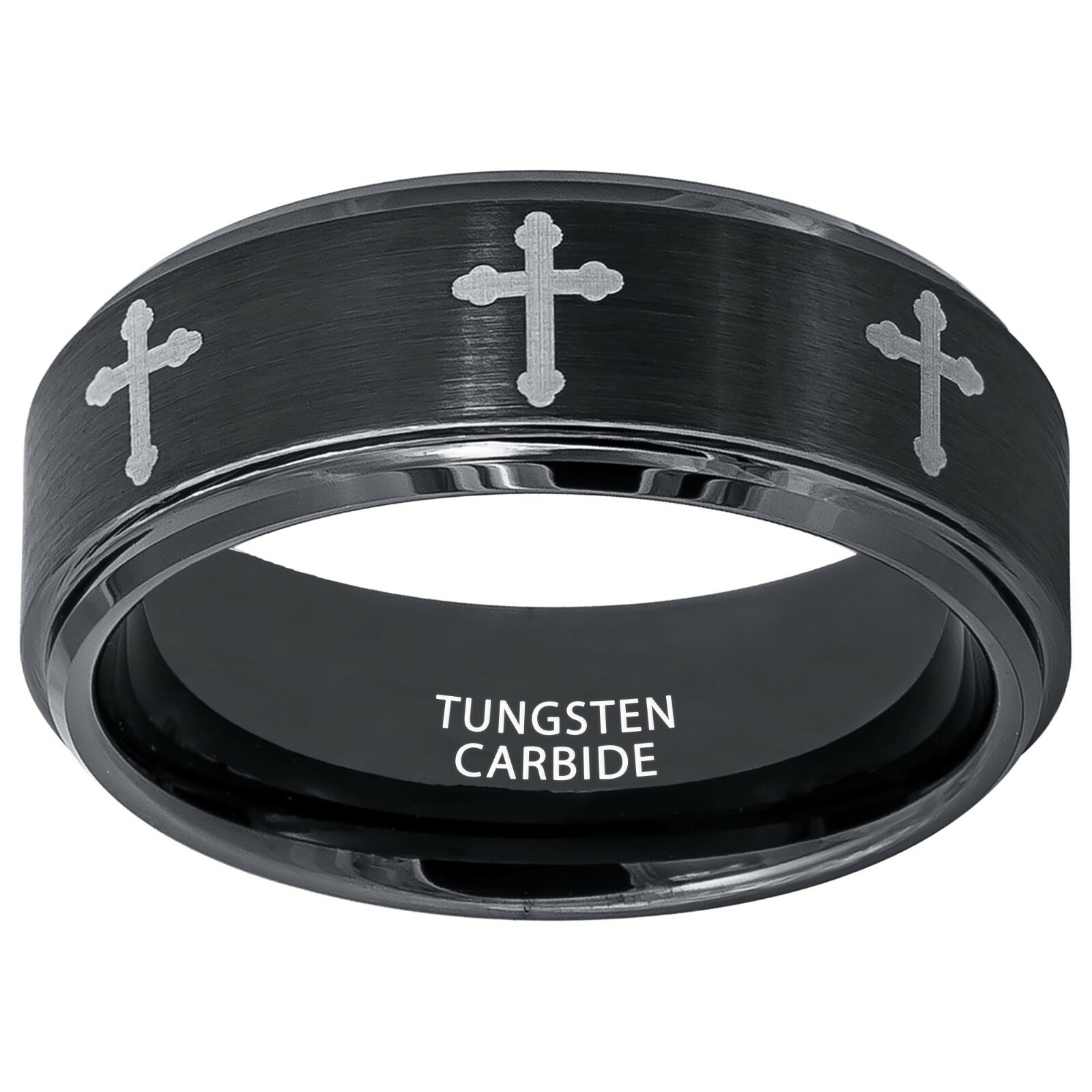 Tungsten Ring Black Ion Plated with 8 Laser Engraved Crosses 8mm Wedding Unisex