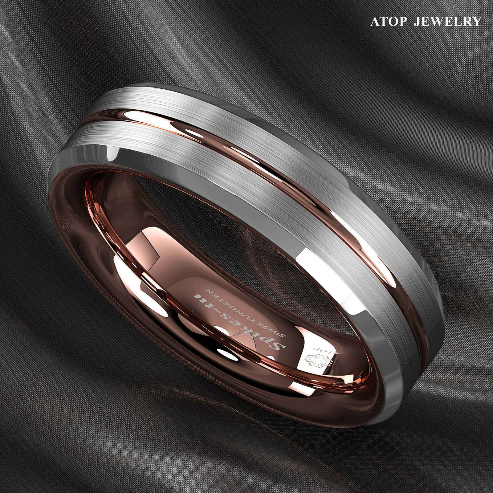 8/6mm ATOP Tungsten Carbide Ring Silver Stripe Comfit Wedding Band Men Women