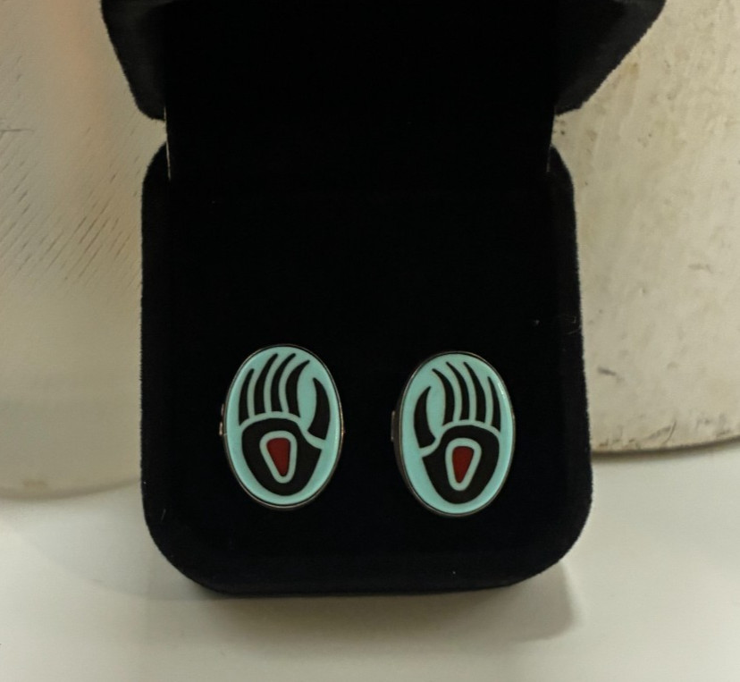 Vintage QT Quoc Sterling Silver Turquoise Coral Bear Paw Stud Earrings