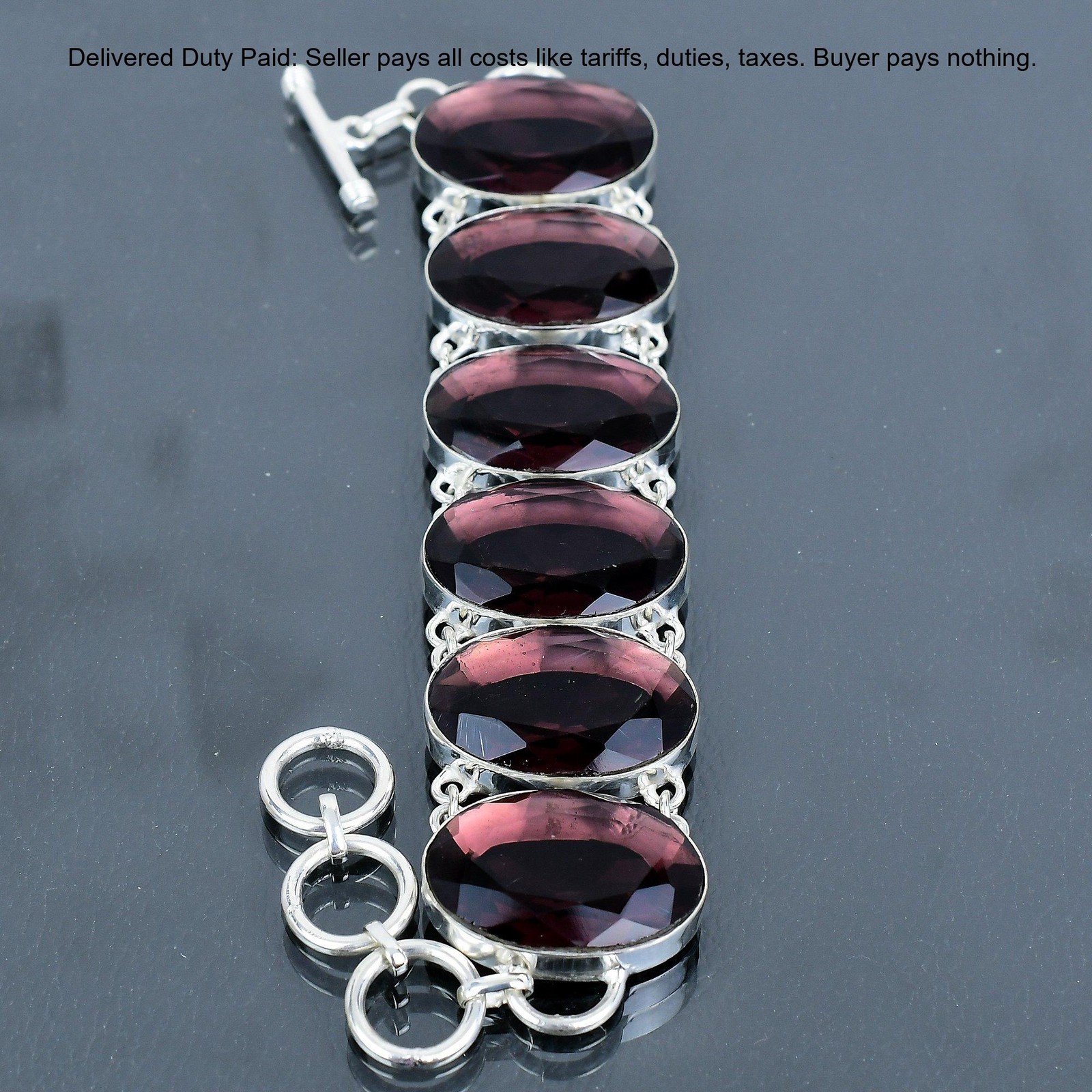 925 Silver Oval Pink Amethyst Stone Bezel Birthday Chain Wife Elegant Bracelet