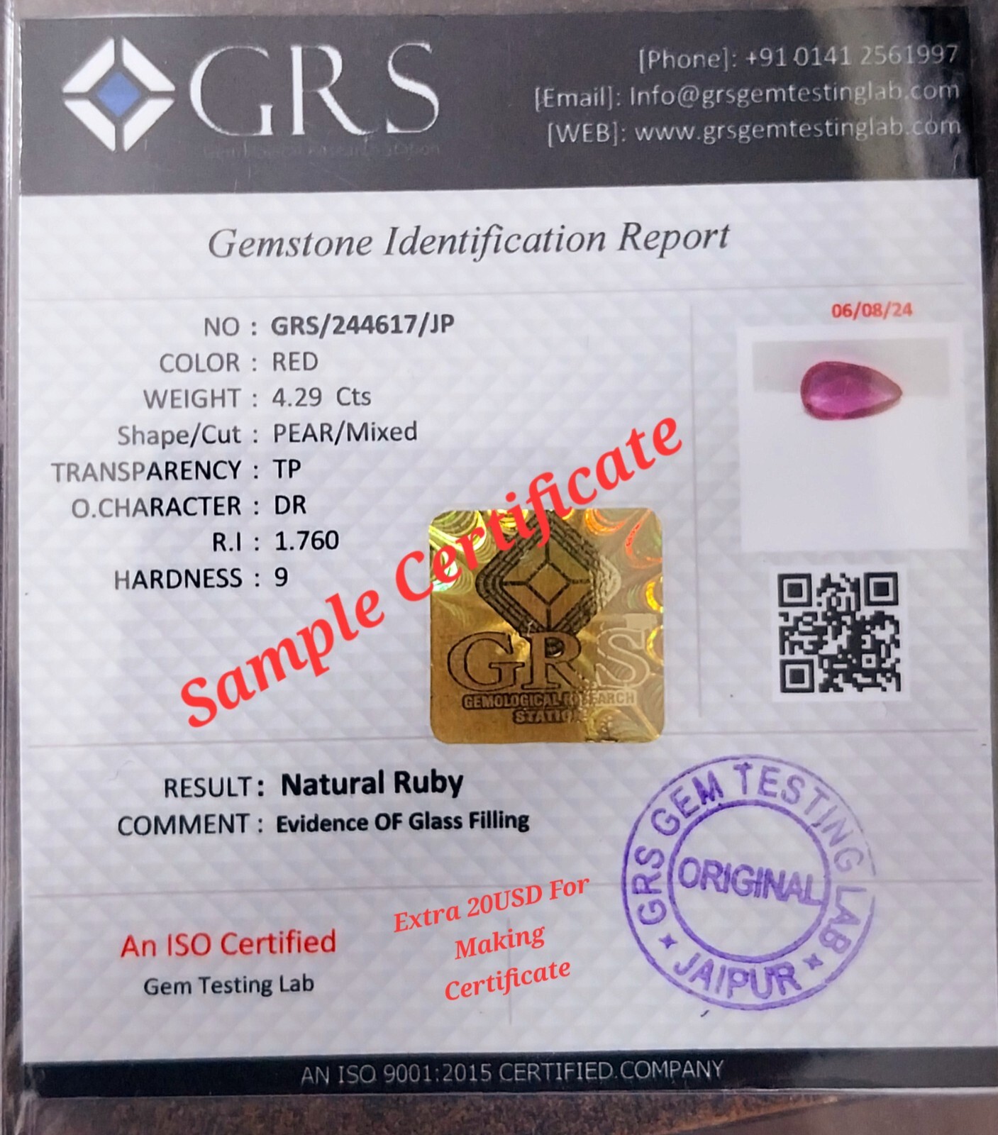 3.40 CT Natural CERTIFIED Ruby Glassfilled Loose Pear Flatback Rose Cut Gemstone