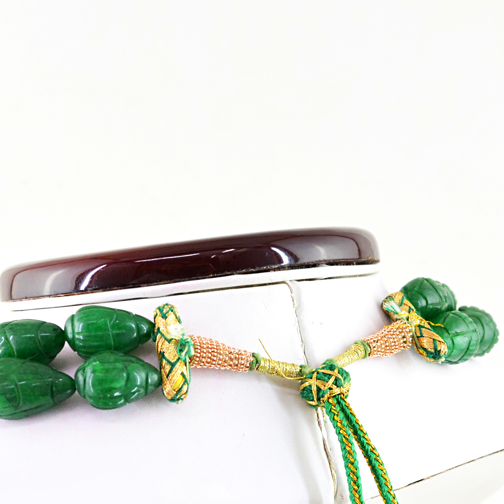 952.50 CTS EARTH MINED 2 LINE GREEN EMERALD PEAR SHAPE CARVED BEADS NECKLACE
