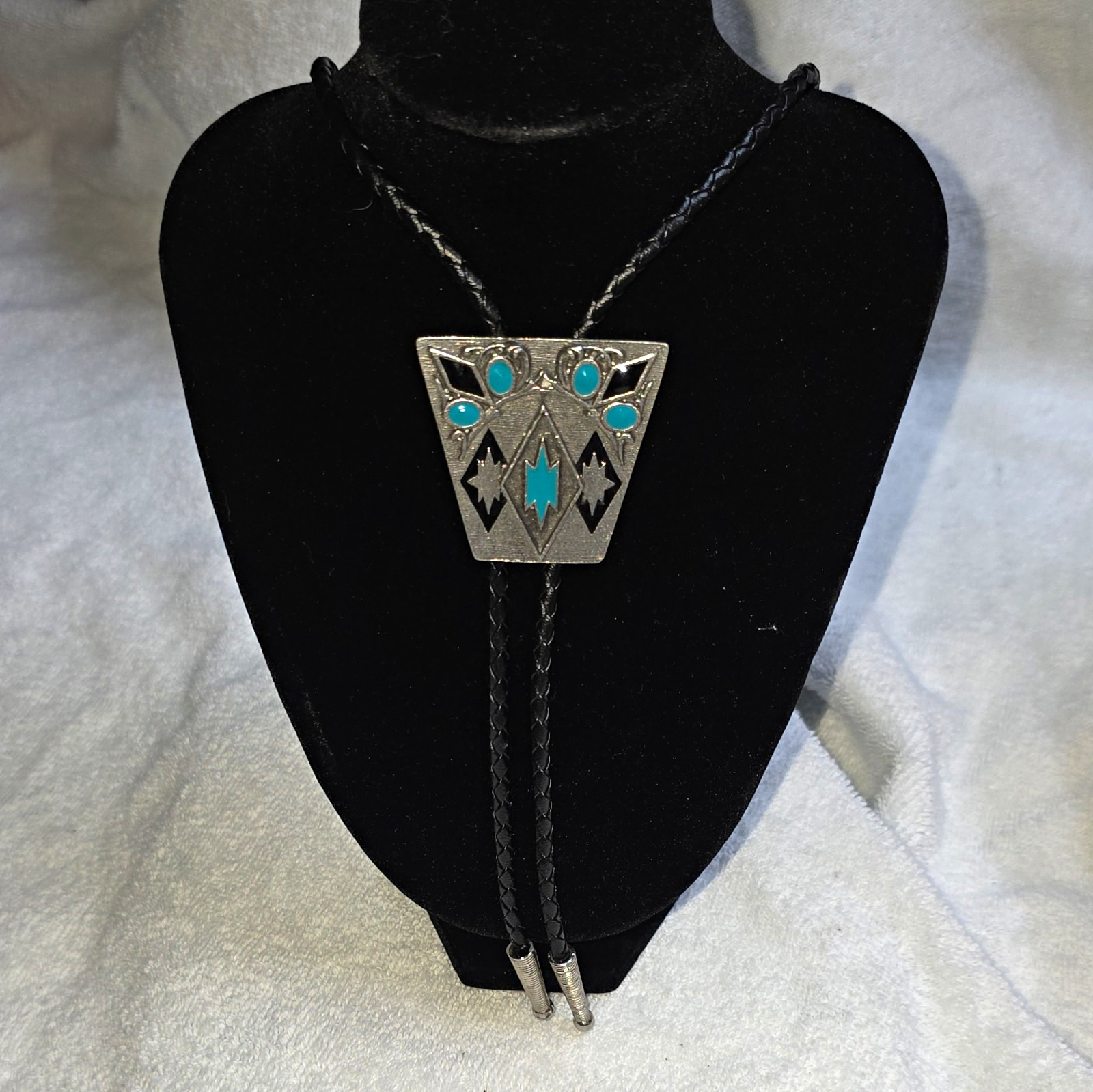 Vintage 1994 Siskiyou Buckle Co. Pewter & Turquoise Inlay Bolo Tie (Model BT-90)