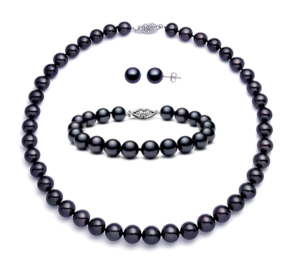 6.5-7mm Black Freshwater Cultured Pearl Set AAA Quality Sterling Silver Clasp