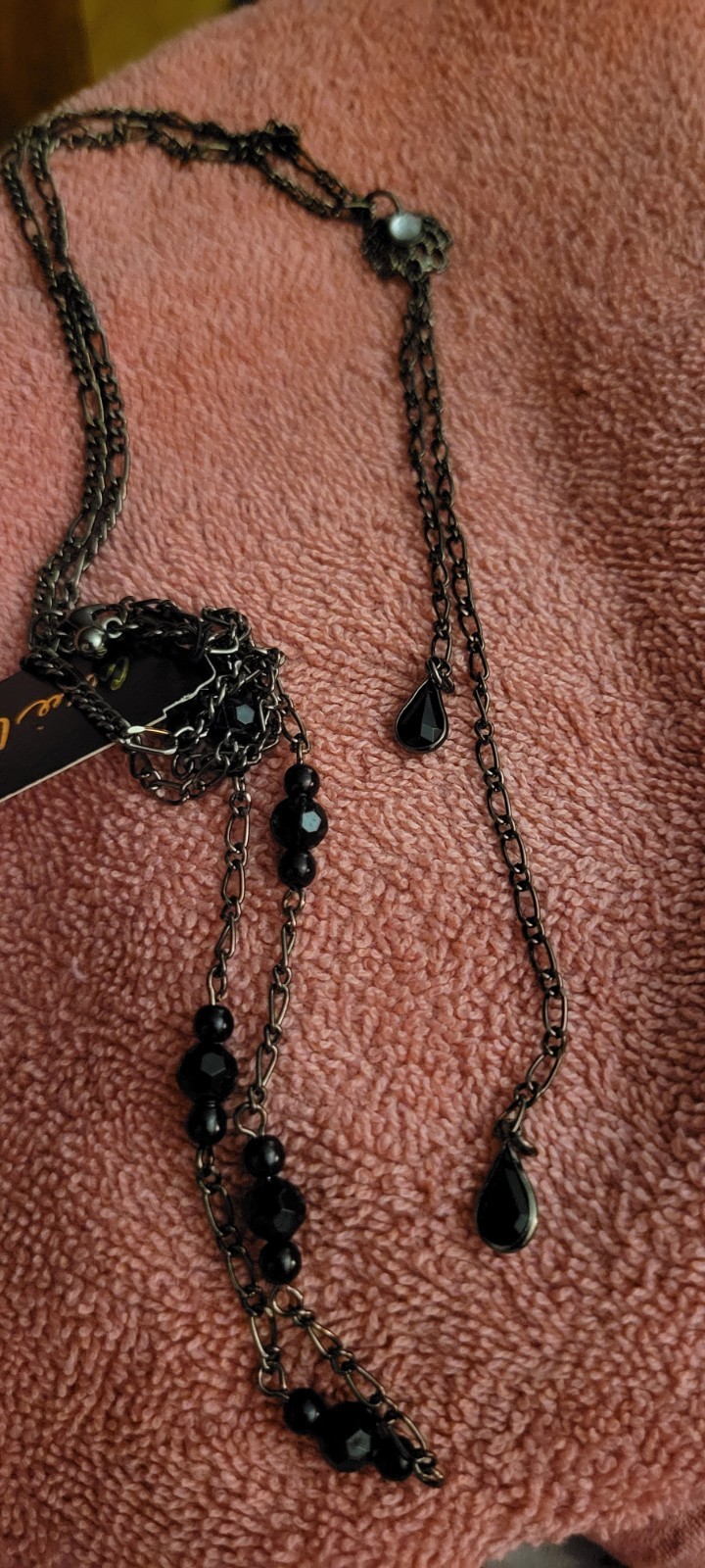 Cookie Lee Black Beaded Y-Drop Teardrop Pendant Necklace, Cable Chain Lobster