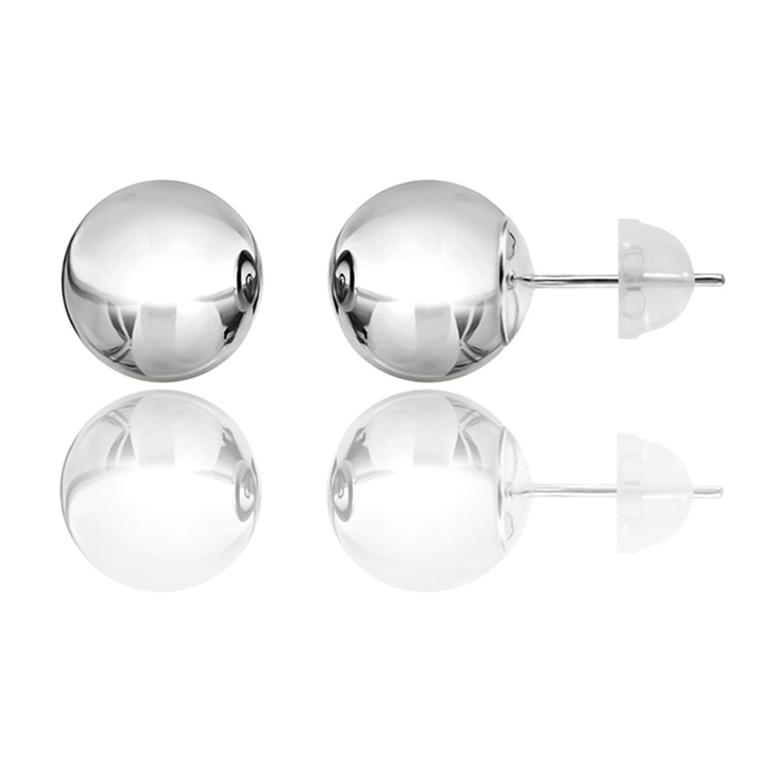 14KT White Gold Ball Stud Earrings 2mm–10mm Silicone Push Back